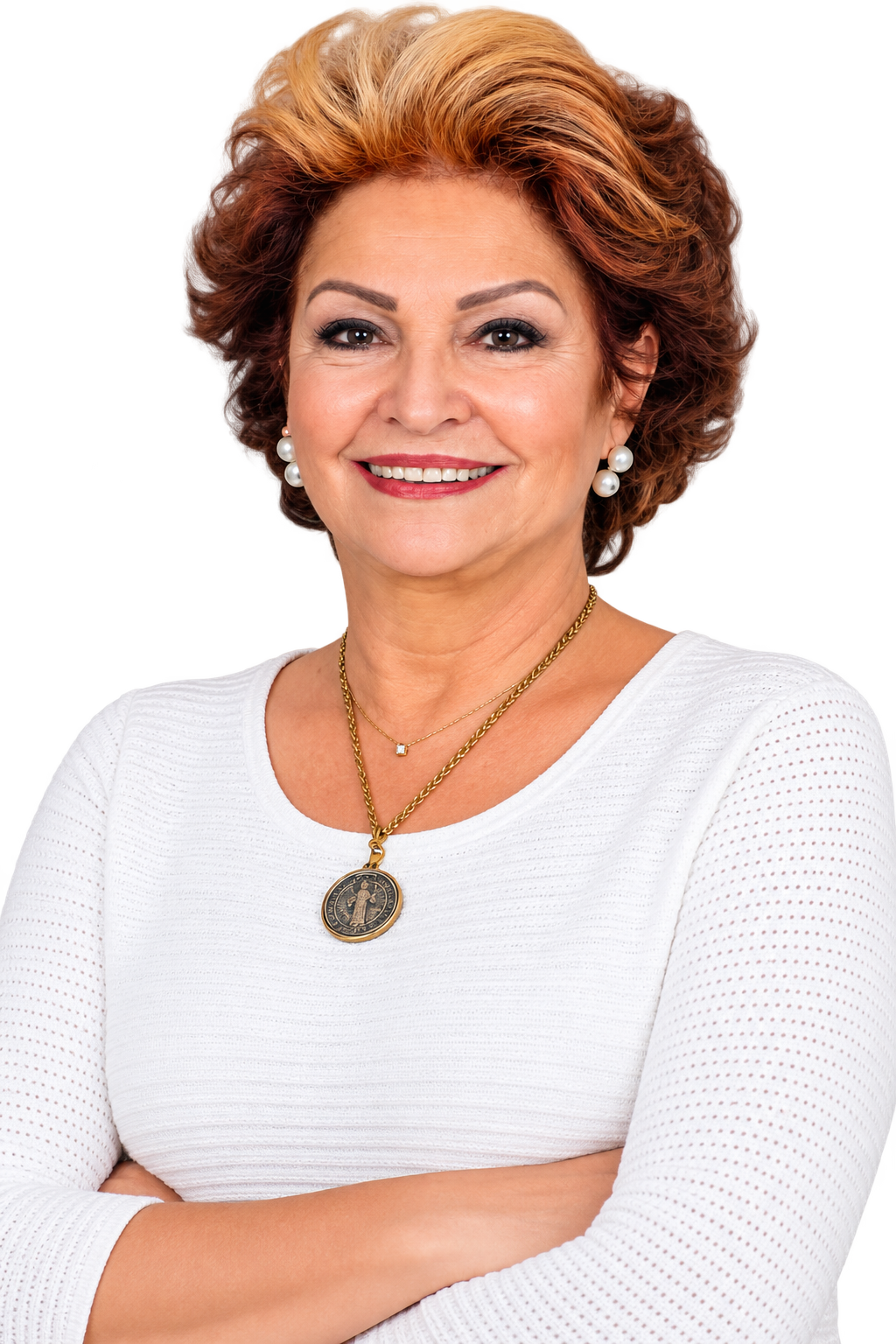 Bia Piccoli, candidata a Deputada Estadual, de braços cruzados e sorrindo